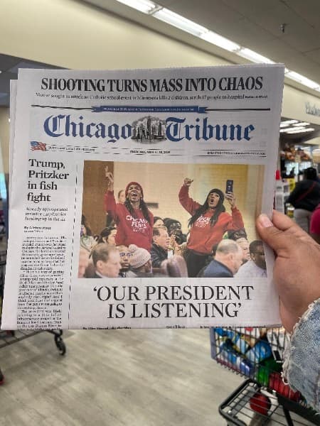 Chicago Tribune front page featuring Chicago Flips Red — 'Our President Is Listening'